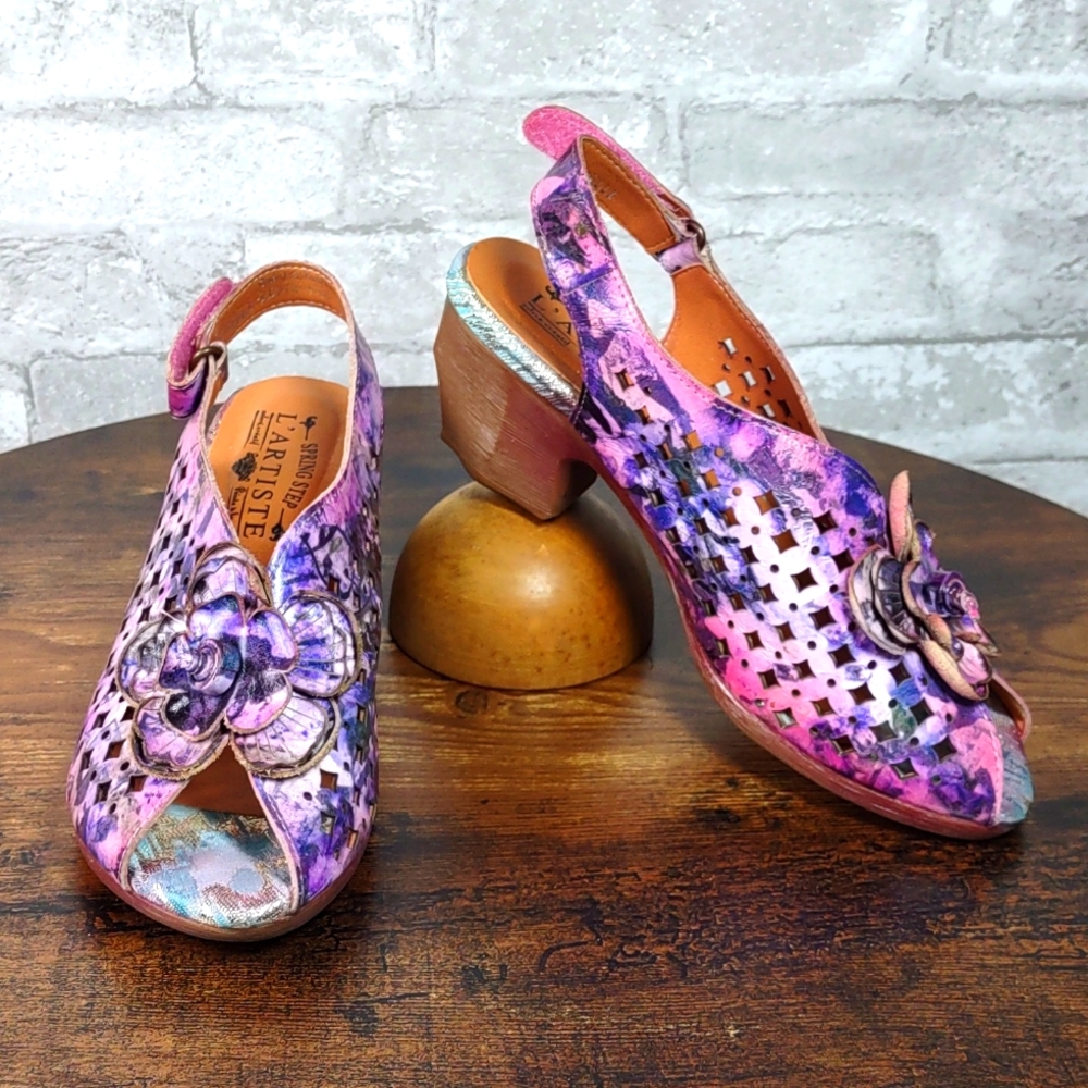 L'Artiste by Spring Step "Lovella Tie-dye" Floral Leather Slingback Heels